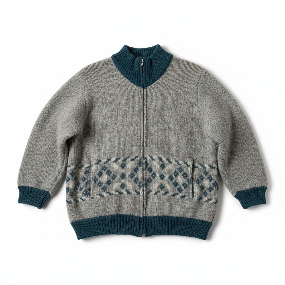 Vtg Alafoss Icewool Iceland Jacket Sweater‎ Coat Lined Gray Teal Blue Nordic M